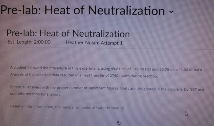 Heat of neutralization pre lab answers