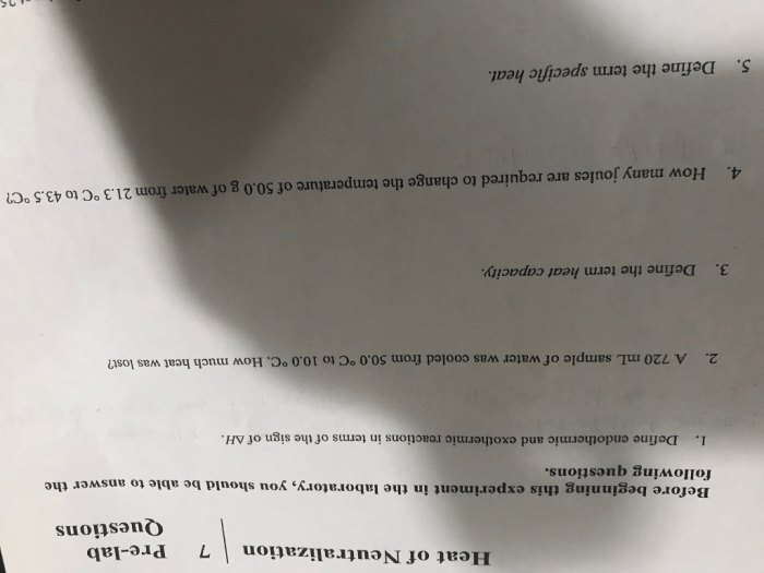 Heat of neutralization pre lab answers